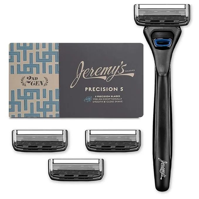 Jeremy's Razors for Men: Precision 5 Blade Razor - Stainless Steel Blades, Lubricating Strip, Precision Trimmer - Men's Shaving Kit, Travel Razor Face Body Head Shavers (1 Razor 4 Cartridges)