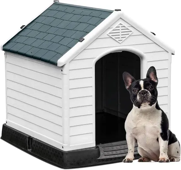 YITAHOME 34.5'' Large Plastic Dog House Outdoor Indoor Doghouse Puppy Shelter Water Resistant Easy Assembly Sturdy Dog Kennel with Air Vents and Elevated Floor (34.5''L*31''W*32''H, Gray)