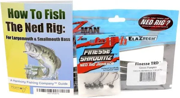 Harmony Fishing Company Ned Rig Kit - Z-Man Finesse T.R.D. 8pk + Finesse Shroomz Jig Heads 5pk (Green Pumpkin) + How to Fish The Ned Rig Guide