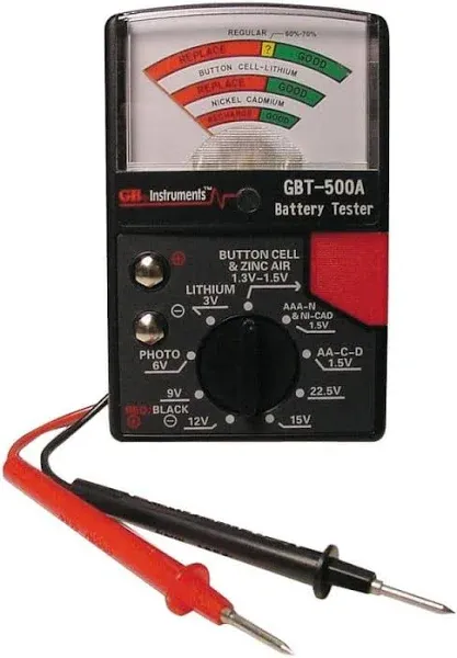 Gardner Bender GBT-500A Analog 1.5 V Button Cell/22.5 Photo/AA/AAA/12 V/9 V/Lantern Cells & More, Leads Battery Tester,14 Battery Range, Black