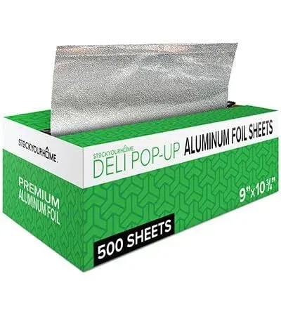 500 Count Pre-Cut Deli Aluminum Foil Sheets, 9” Heavy Duty Pop Up Foil Sheets for Restaurant, Disposable Food, Tin Foil Sheets for Burrito, Hot Dog or Sandwich, Stock Your Home (Packaging may Vary)