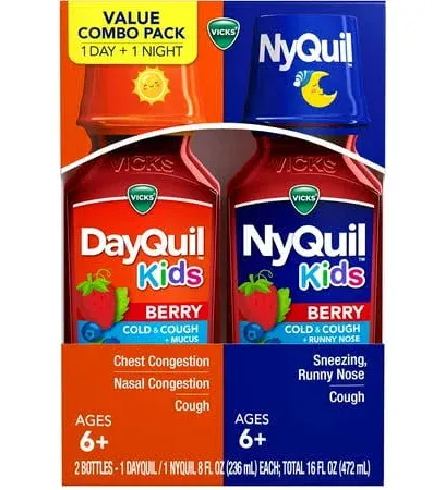 Vicks DayQuil & NyQuil Kids Berry Cold & Cough Medicine Combo Pack, Daytime & Nighttime Relief