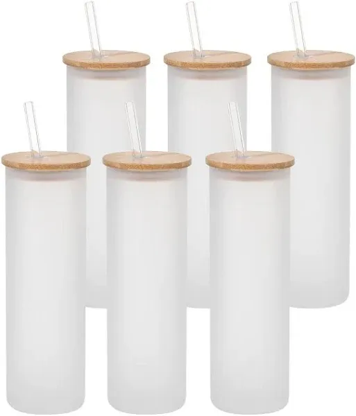 PYD Life Sublimation Glass Blanks Tumbler Skinny Straight Frosted 20 OZ with Bamboo Lid and Glass Straw Jar Tumbler Cups Mugs for Tumbler Heat Press 6 Pack