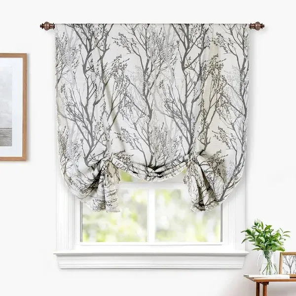  Tree Branch Linen Blend Blackout Tie Up Curtain for Kitchen 45&#034;x63&#034; Grey