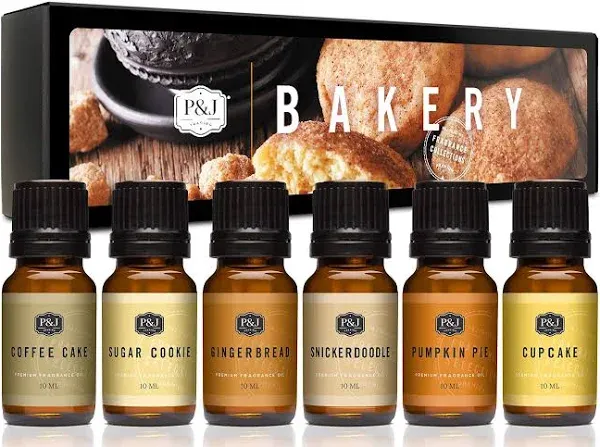 P&J Trading Bakery Set of 6 Fragrance Oils - Pumpkin Pie, Cupcake, Sugar Cookies, Coffee Cake, Snickerdoodle, Gingerbread Candle Scents, Soap Making, Diffuser Oils