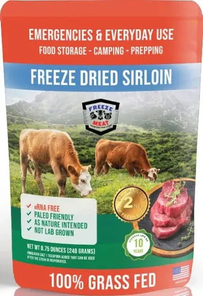 Freeze Meat | Sirloin Steaks Uncooked 2lbs Freeze Dried|Family Pack|Lightweight Keto Backpacking Emergencies Gluten-Free Prepping Survival Food Natural