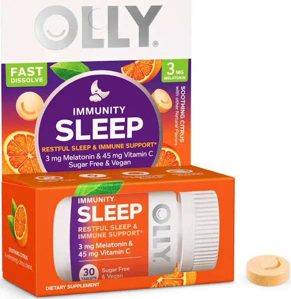 OLLY Immunity Sleep Fast Dissolves, 3mg Melatonin, Vitamin C, Citrus Flavor, 30 Day Supply - 30 Count