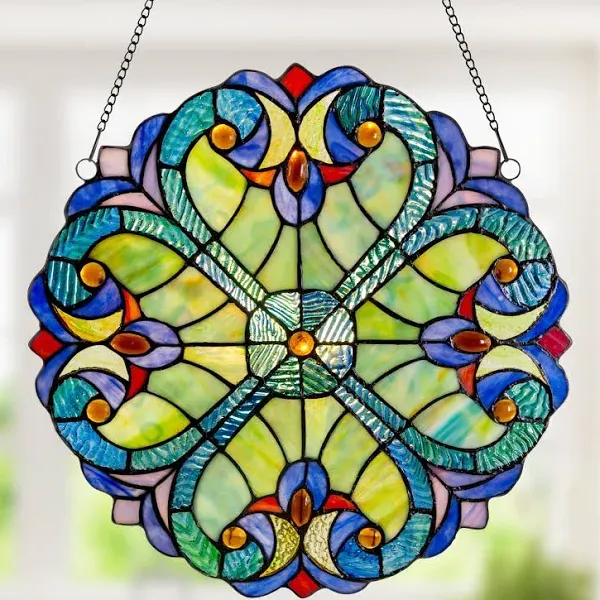 Halston Green/Blue Stained Glass Panel - 12&#034; H Window Suncatcher - Window Decor 