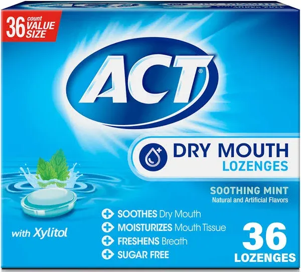 ACT Dry Mouth Lozenges With Xylitol, Soothing Mint Flavor, One Pack of 36 Count.