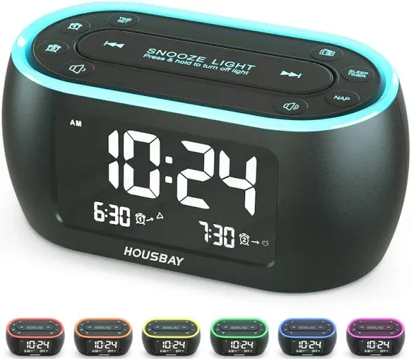  Glow Small Alarm Clock Radio for Bedrooms with 7 Color Night Light, Dual Black