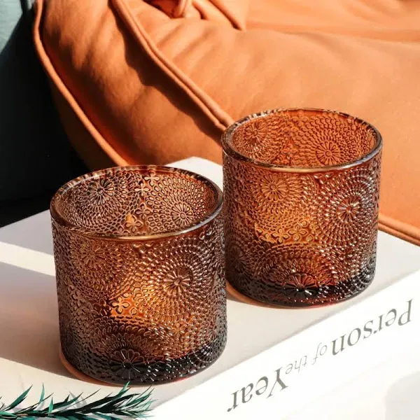 Woho Amber Votive Candle Holders Set of 6(2.56" H×2.75" W), Tealight Candle Holder for Boho Wedding Table Centerpiece, Vintage Sunflower Embossed Tea Light Candle Holder Glass for Home Decor