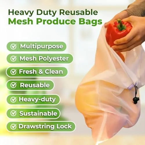 Reusable Produce Bags, Heavy Duty Double Stitched Washable Mesh Grocery Bag w...