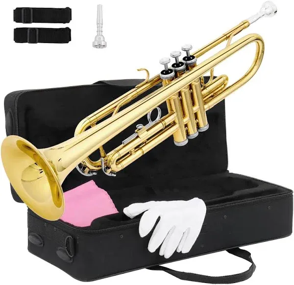 Ktaxon Bb Standard Trumpet for Beginners,Trumpet for Student with Hard Case,7C Mouthpiece,Cleaning Cloth,Gloves,Brass Instruments for Kids and Adults(Gold)