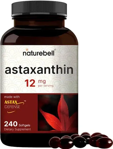 NatureBell Astaxanthin 12mg, 240 Softgels, Made with Astax (Max Strength from MicroAlgae), Natural Antioxidant for Skin & Eye Health – Non-GMO & No