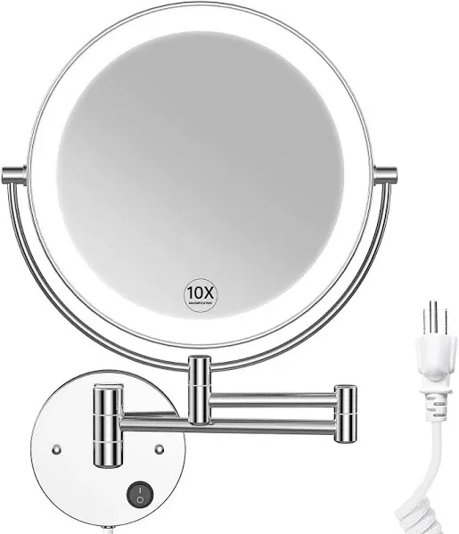 9&#034; Wall Mounted Lighted Makeup Mirror w Magnification 10x Large Size Dual Sided