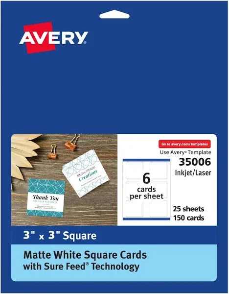 Avery Square Cards with Sure Feed Technology, 3" x 3", Matte White, 150 Square Cards Total, Print-to-The-Edge, Laser/Inkjet Printable Cards (35006)