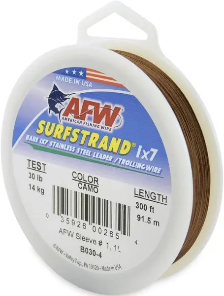 American Fishing Wire Surfstrand Bare 1x7 Stainless Steel Leader Wire - Fishing Leader Line for Saltwater, 20lb Test - 325lb Test in Bright, Camo in 30ft, 300ft, 600ft and 1,000ft Lengths