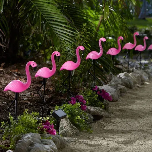 Set of 10 Pink Flamingo Solar Garden Stake Lights BrylaneHome