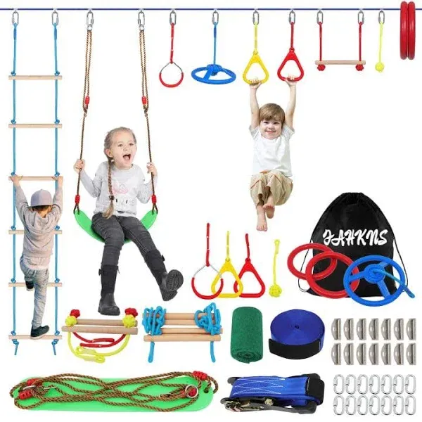 Ninja Warrior Obstacle Course for Kids - 55FT, Outdoor Obstacle Course 13 Accessories, Swings, Monkey Bars, Arm Trainers - Suitable for Boys and Girls 3+ - 440 lbs Capacity