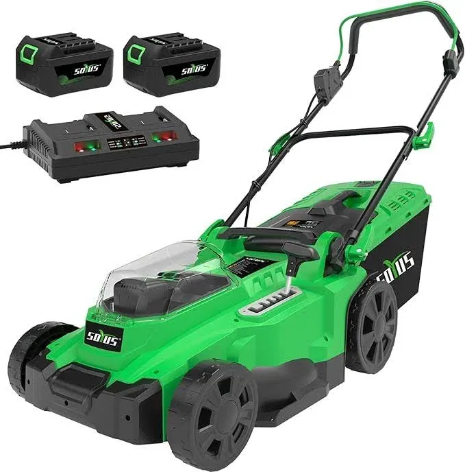 SOYUS Electric Lawn Mower Cordless, 15 Inch 40V Battery Powered Lawn Mower with Brushless Motor, 6 Position Height, Includes 2x4.0Ah Batteries and Dual Port Charger