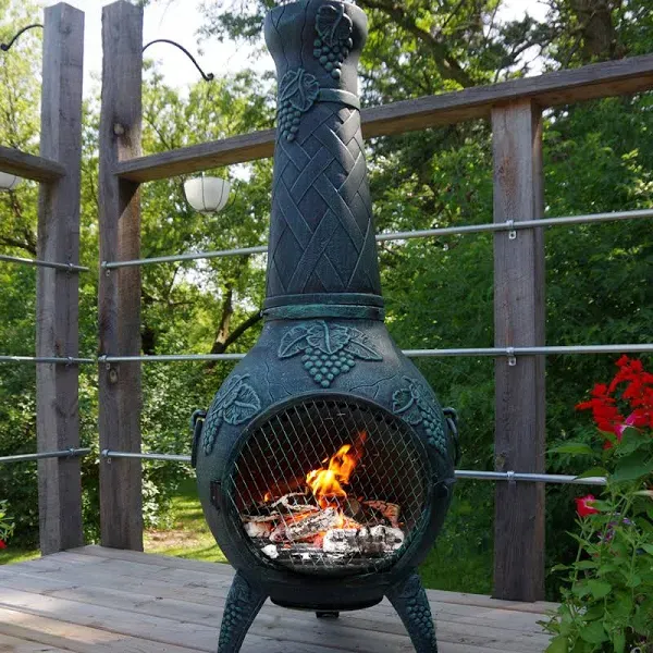 The Blue Rooster Grape Cast Aluminum Chiminea in Antique Green