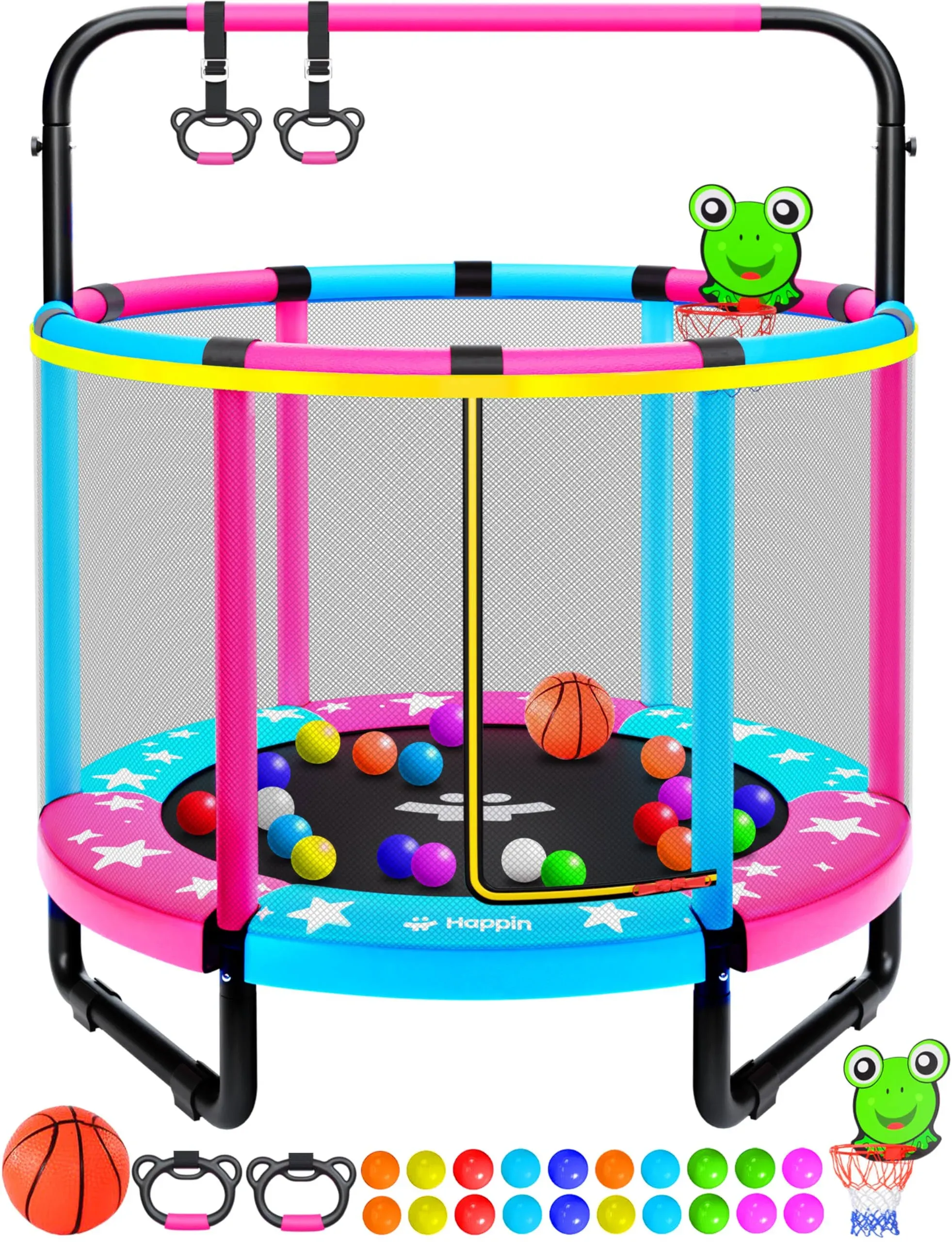 Happin® 55” Upgraded Toddler Trampoline Indoor & Outdoor Playset Ages 1-6, 5FT Kids Trampoline, Ultra Safe Mini Trampoline for Kids with Safety Enclosure Net, Gifts for Birthday Boys and Girls