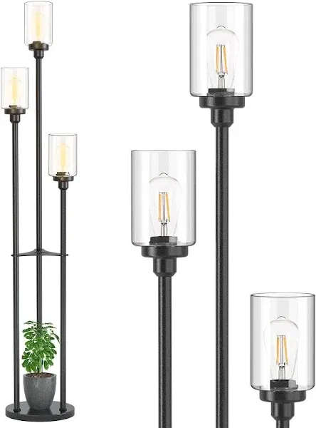 addlon Floor Lamps for Living Room with Seeded Glass Shades, 3-Lights Standing lamp with Shelves, Farmhouse Tall Floor Lamp Modern lamp for Bedroom, Office - Black