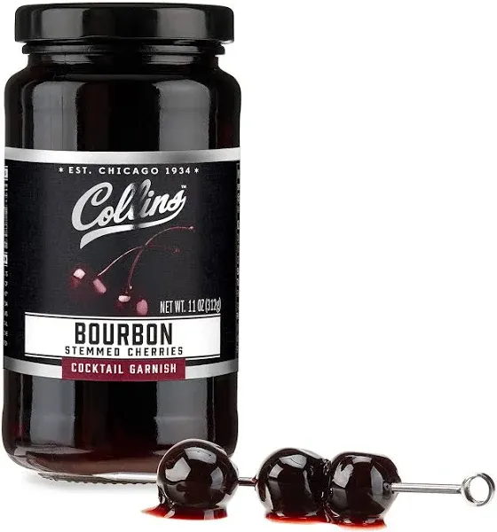 Collins Bourbon Cocktail Cherries - Drinks Garnish for Manhattan or Old Fashioned Cocktails and Desserts, Made with Award Winning Whiskey, 11 Ounce Glass Jar