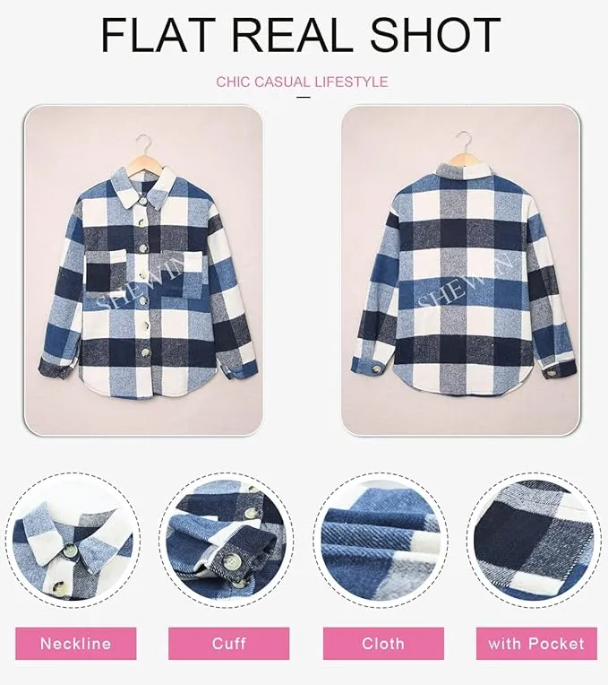 SHEWIN Womens Long Sleeve Plaid Shirts Flannel Lapel Button Down Shacket Jacket Coats