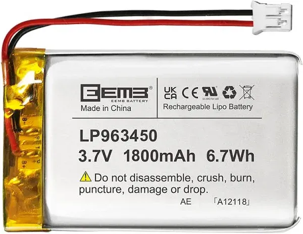 EEMB Lithium Polymer Battery 3.7V 1800mAh 963450 Lipo Rechargeable Battery Pack with Wire JST Connector for Speaker and Wireless Device- Confirm Device & Connector Polarity Before Purchase(1)