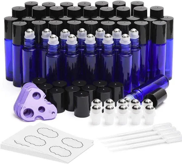 ULG 8-/48-Pack Essential Oil Roller Bottles 10ml, Cobalt Blue/Amber Glass Empty Bottles with Stainless Steel Roller Balls and Waterproof Labels, Roller Balls For Essential Oils