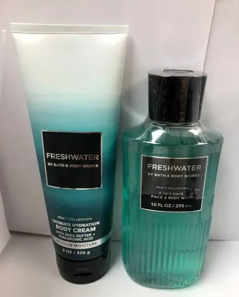 Bath and Body Works Men's Collection Freshwater 2 in 1 Hair and Body Wash 10 oz and Body Cream 8 oz.