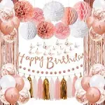 Upgraded Rose Gold Pink Birthday Party Decorations with Happy Birthday Banner...