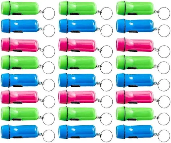 Kicko Mini Flashlight Keychain, 2 inch 24 Pack Assorted Colors, Green, Light Blue and Pink Batteries Included for