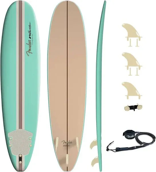 Fender x Wavestorm Collaboration 8ft Surfboard | Graphic top Deck with high Density Slick Bottom | for Kids and Adults | Foam Construction with Accessories | Leg Leash and Fin Set Included