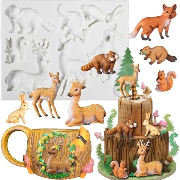 Woodland Animal Fondant Silicone Mold Fox Squirrel Rubbit Raccoon Beaver Elk Sika Deer for Sugarcraft Cake Decorating Cupcake Topper Chocolate Candy Polymer Clay 7-Shape 1-3.3inch