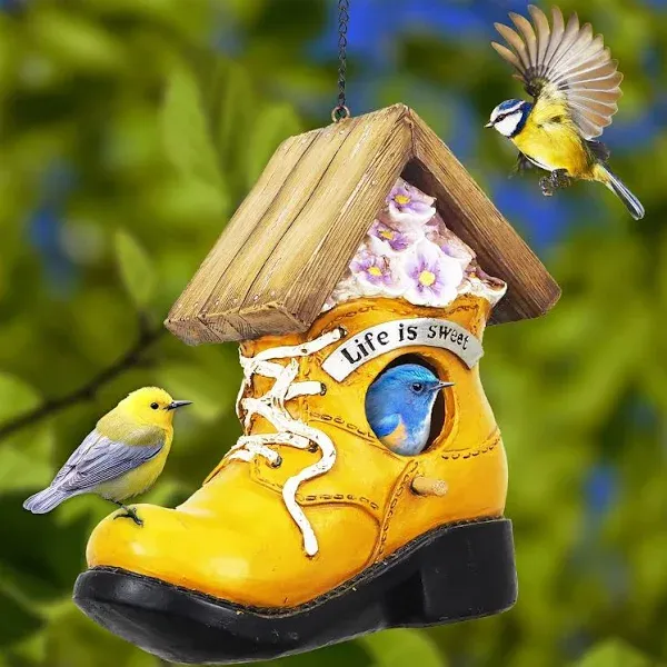 Hanging Yellow Shoe Bird House for Outside, Unique Birdhouses Outdoor for Home Garden Decor, Resin Handicrafts, Easy to Install and Clean, Great Birdhouse Gift, SAME YOUNG SET