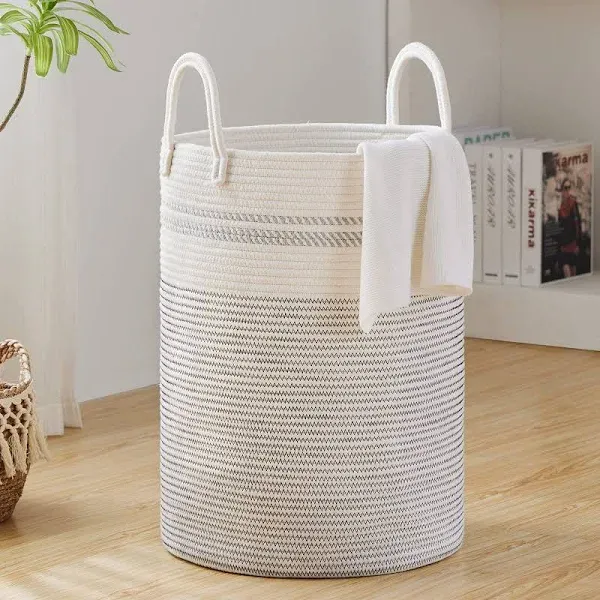 72L Large Woven Laundry Hamper by Fiona's magic, Tall Cotton Rope Storage Basket, Jute Baby Nursery Hamper for Blankets, Toys and Clothes in Bedroom