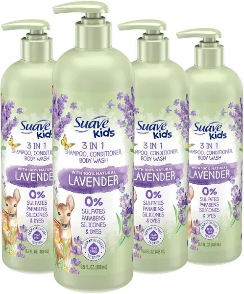 4 PACK Suave Kids 3-In-1 Shampoo with 100% Natural Lavender - Tear-Free Shampoo