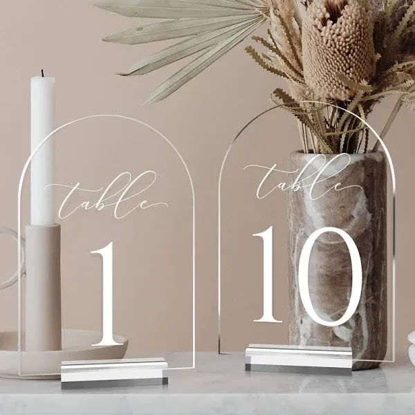 JINMURY Frosted Arch Table Numbers for Wedding, 5x7 Inch Arched Acrylic Table Numbers 1-10 with Acrylic Stands, Frosted Acrylic Arch Tabletop Sign with Holder for Centerpiece, Reception, Wedding,