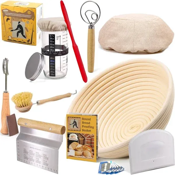 Sourdough Bread Baking Supplies: Banneton Proofing Basket 9'' Round, Sourdough Starter Jar, Metal and Plastic Scraper, Scoring Lame, Brush, and Short Danish Whisk. Perfect Bread-Making Kit