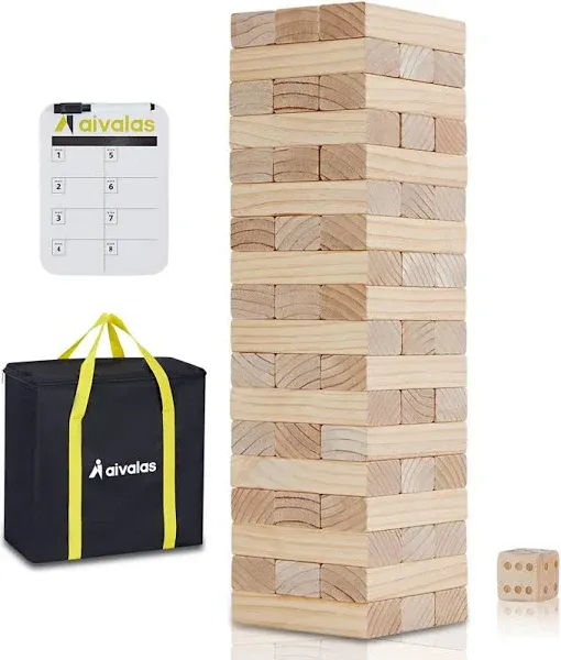 Giant Tumbling Timber Games, 60 Blocks Large Tower Outdoor Games - Includes Carry Bag and Scoreboard, Wood Stacking Backyard Games Grows Up to 5FT for Kids Adults Family