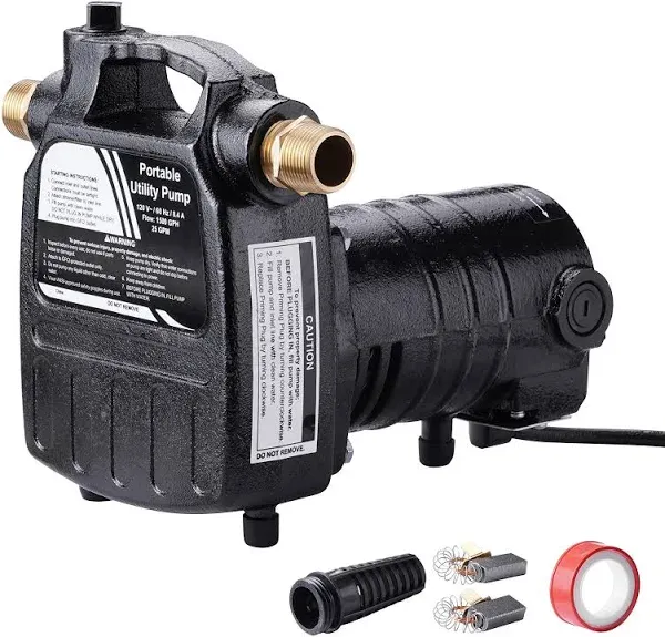 115Volt 1/2HP 1500 GPH Upgraded Heavy Duty High Pressure Cast Iron Casing Water Transfer Utility Pump with ON/OFF Switch,Brass Connectors and Suction Strainer Black