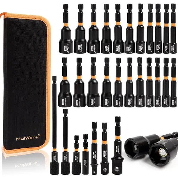 MulWark 29 Piece Magnetic Nut Driver Set, Impact Drill Socket Adapter, SAE, and Metric Nut Driver Set Includes Magnetic Bit Holder, Quick Release