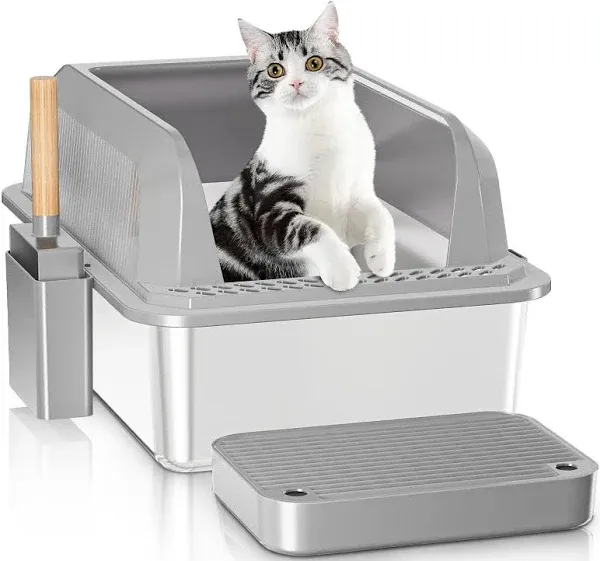 TIKUTKU Stainless Steel XL Large Cat Litter Box with High Walls Enclosure Lid & Non-Slip Rubber Mat