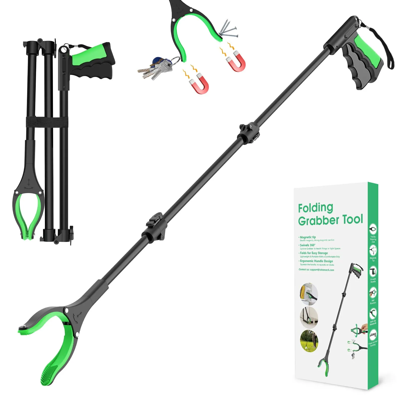 52" Extra Long Grabber Reacher Tool, Foldable Reacher Grabber Pickup Tool with Strong Magnetic & 360° Rotating Anti-Slip Jaw, Extension Trash Picker Upper Grabber for Indoor & Outdoor