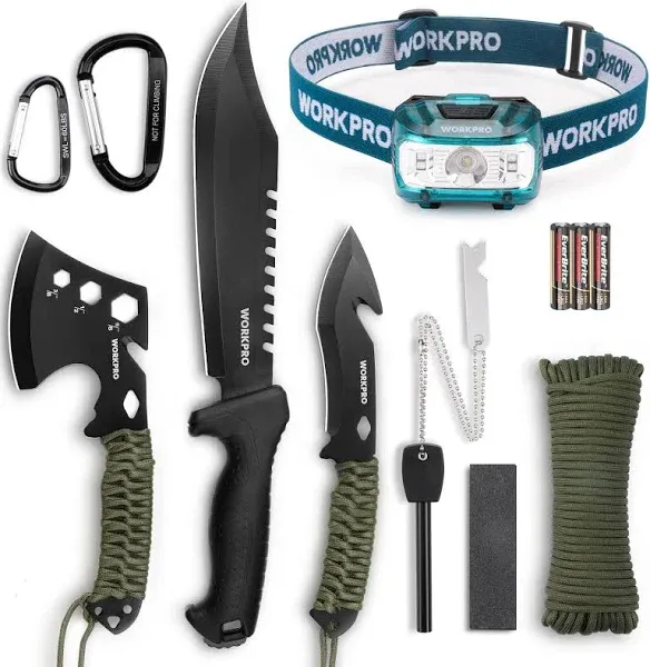 WORKPRO Camping Hatchet & Machete with Sheath, Camping Axe and Fixed Blade Hunting Knives with Paracord Handle, Headlamp, Flint, Camping Tool Set for Outdoor Hunting Survival