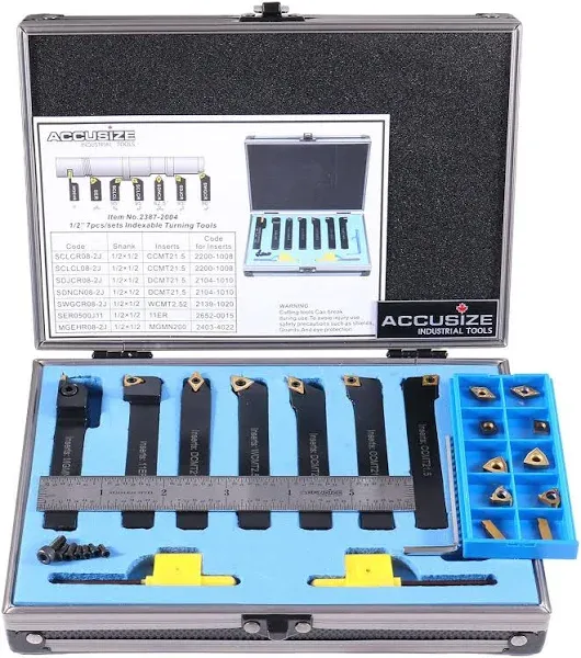 Accusize Industrial Tools 1/2'' Shank 7 PC Indexable Carbide Turning Tool Set with 10 Extra Carbide Inserts in Fitted Box, 2387-2004plus, Size: Shank