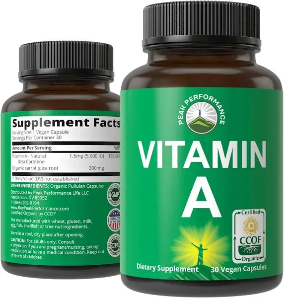 Peak Performance Certified Organic Vitamin A 5000 IU Supplement Capsules High Potency Vitamins Made with Organic Carrot Juice. Great for Immune, Skin, Eye Support. Non GMO, Vegan Pills, Tablets