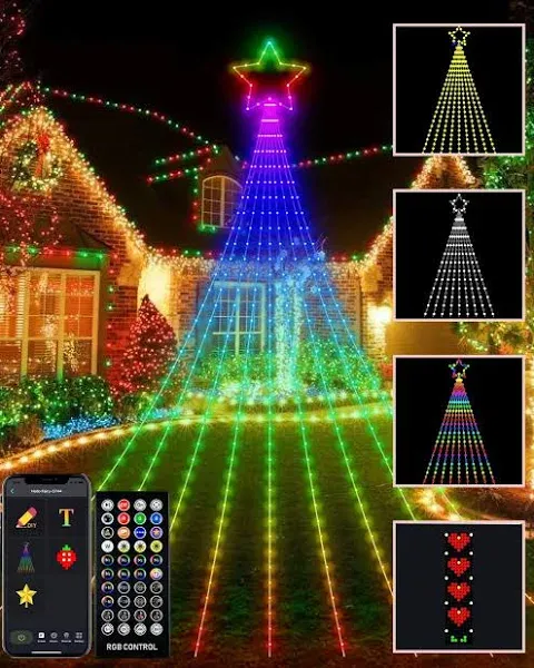 Outdoor Christmas Decorations Lights with Star, Smart DIY Custom Display 11.8Ft 64 Modes Yard Waterfall Tree String Lights, App Control 344LED RGB Color Changing Music Timer for Xmas Tree Lawn Decor